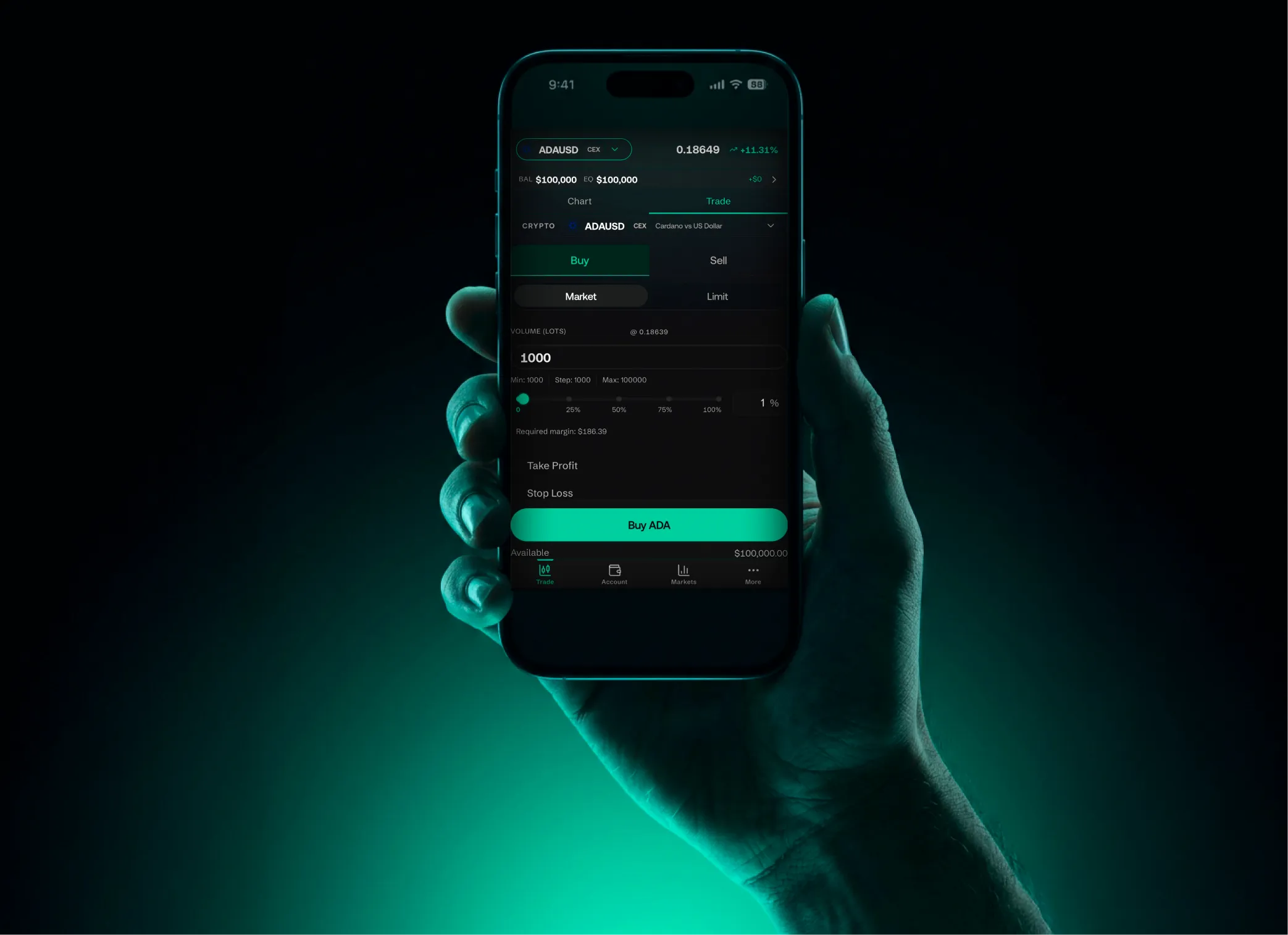 Hand holding a phone running the E8 trading app, lit by a teal glow